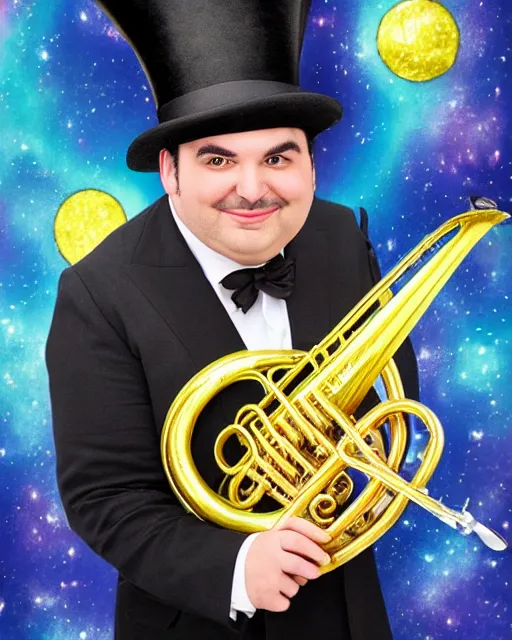 Prompt: photorealistic studio portrait of ian karmel playing a french horn, wearing a top hat, with a space background