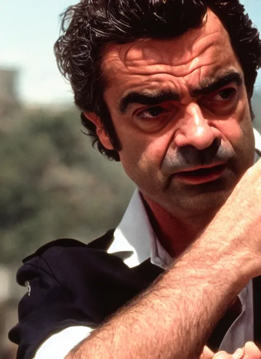 Prompt: film still of Rowan Atkinson as Martin Riggs in Lethal Weapon, 4k