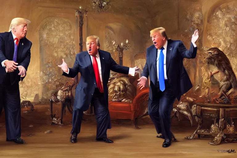 Image similar to portrait of donald trump and alex jones arguing, an oil painting by ross tran and thomas kincade