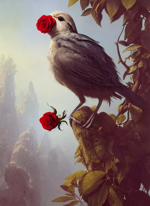 Prompt: a bird with hands holds a rose, hyperrealism, no blur, 4 k resolution, ultra detailed, style of tyler edlin, tom bagshaw, arthur rackham, ivan shishkin