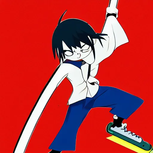 Image similar to skater character with katana in hands, cartoon stylised proportions by hiroyuki imaishi 今 石 洋 之 gainax studio trigger and yoh yoshinari animation art