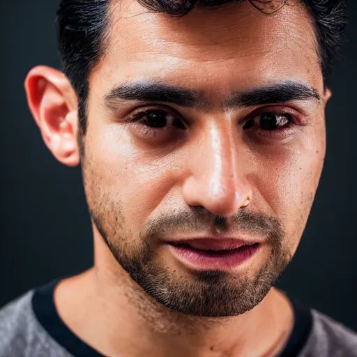 Image similar to close up of face of good looking 3 0 year old peruvian man with clean shaven face, no beard, thin face, skinny, very short straight black hair in a quiff style, color portrait, 4 k