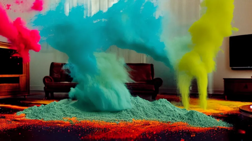 Image similar to colored powder explosion in the living room, film still from the movie directed by Denis Villeneuve with art direction by Salvador Dalí, wide lens