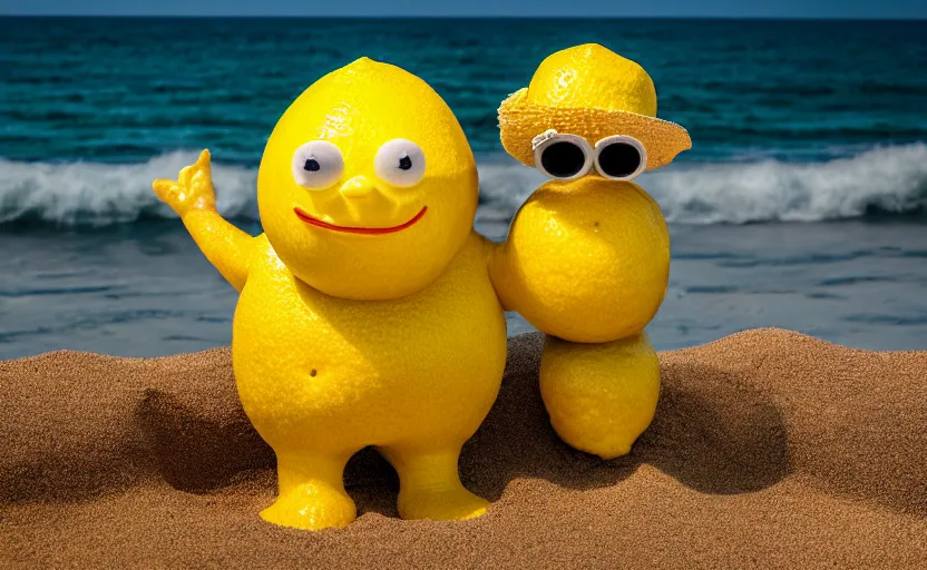 Image similar to 5 0 mm photograph, of a real anthropomorphic lemon character, with lemon skin texture, it is wearing a hat and scuba diving, building a sandcastle on the beach at sunset, beach, huge waves, sun, clouds, tropical trees, rim light, cinematic photography, professional, sand, sandcastle, volumetric lightening