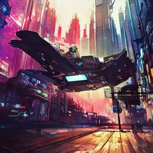 Image similar to elephant in futuristic cyberpunk city, flying cars on background, acrilic paint, digital, artstation, detailed intricate ink illustration, heavenly atmosphere, digital art, overdetailed art, concept art, complementing colors, trending on artstation, cgstudio, the most beautiful image ever created, dramatic, subtle, details, award winning artwork, beautiful scenery