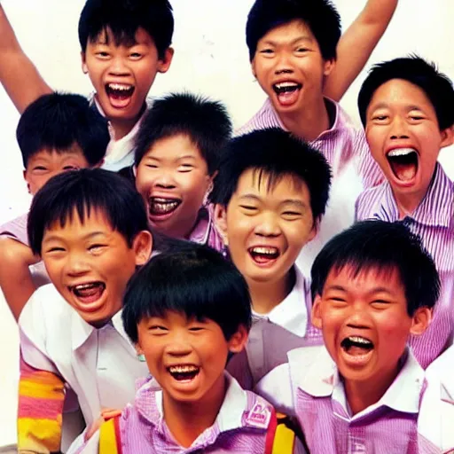 Image similar to a 1 9 9 0 s singaporean public education poster with students laughing at the camera