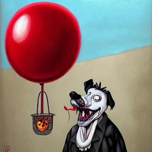 Image similar to grunge cartoon painting of a dog at the circus with a wide smile and a red balloon by chris leib, loony toons style, pennywise style, horror theme, detailed, elegant, intricate
