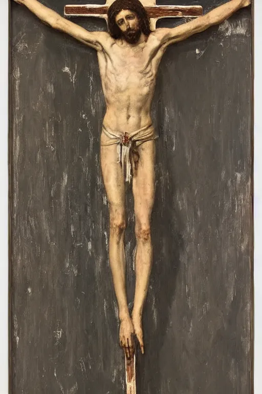 Image similar to jesus christ crucified painted by cy twombly and andy warhol