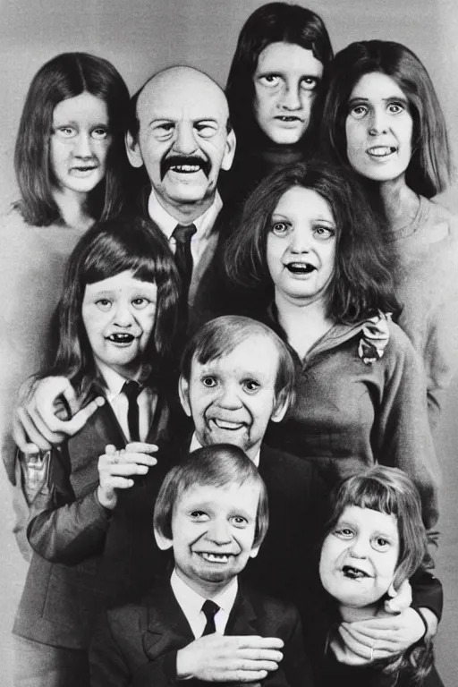 Image similar to mugwump mutant family photo, 1 9 7 0 s, olan mills studio, creepy, scary, nightmare, color, grotty, ugly, terrified