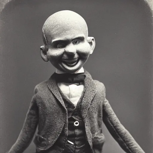 Prompt: ventriloquist figure, photograph, style of atget, old, creepy, smiling