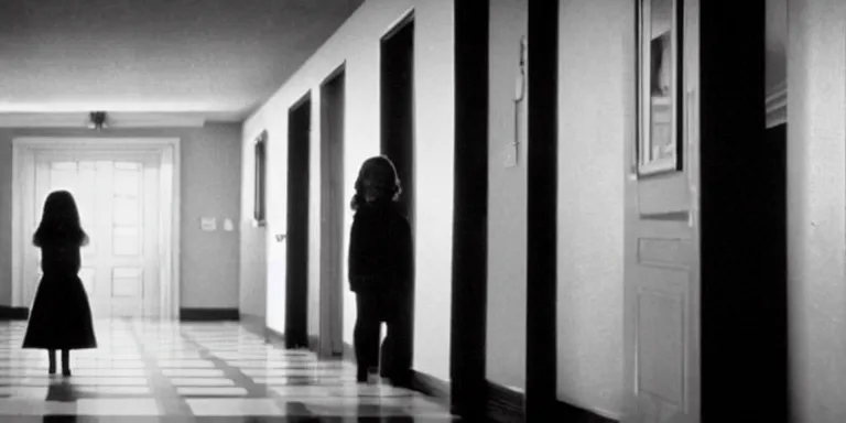 Image similar to photorealistic ultra wide cinematography of twin girls standing side by side in stanley kubrick's 1 9 8 0 film the shining standing in a long hallway inside the overlook hotel starring right at the camera shot on 3 5 mm eastman 5 2 4 7 film by the shining cinematographer john alcott shot on a wide kinoptik tegea 9. 8 mm lens. with golden ratio composition