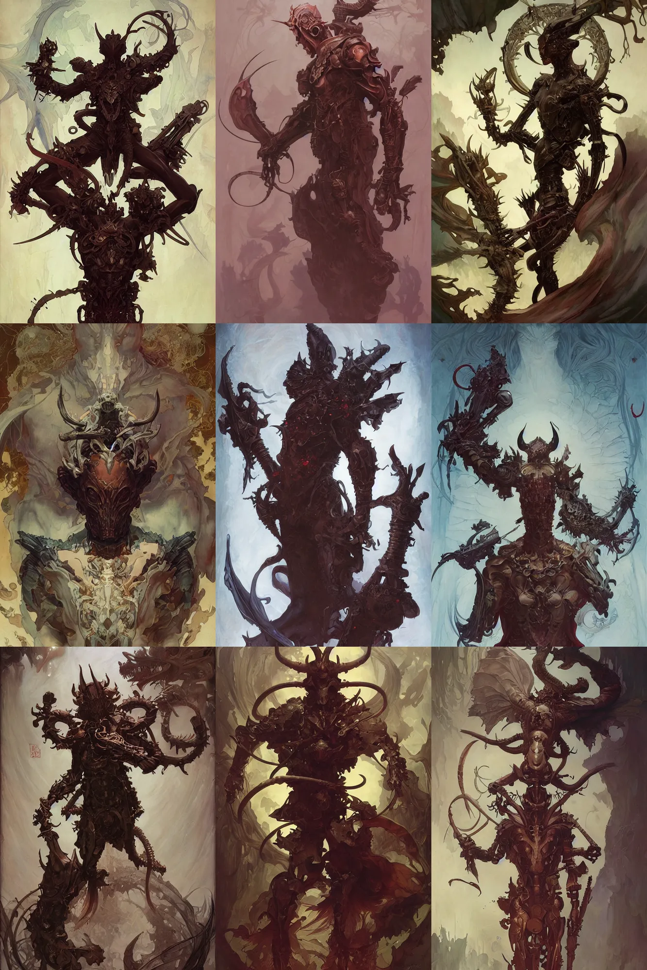 Prompt: male devil full body organic armor, creepy, fantasy, smooth, art by joseph leyendecker, peter mohrbacher, ruan jia, marc simonetti, ayami kojima, cedric peyravernay, alphonse mucha, victo ngai