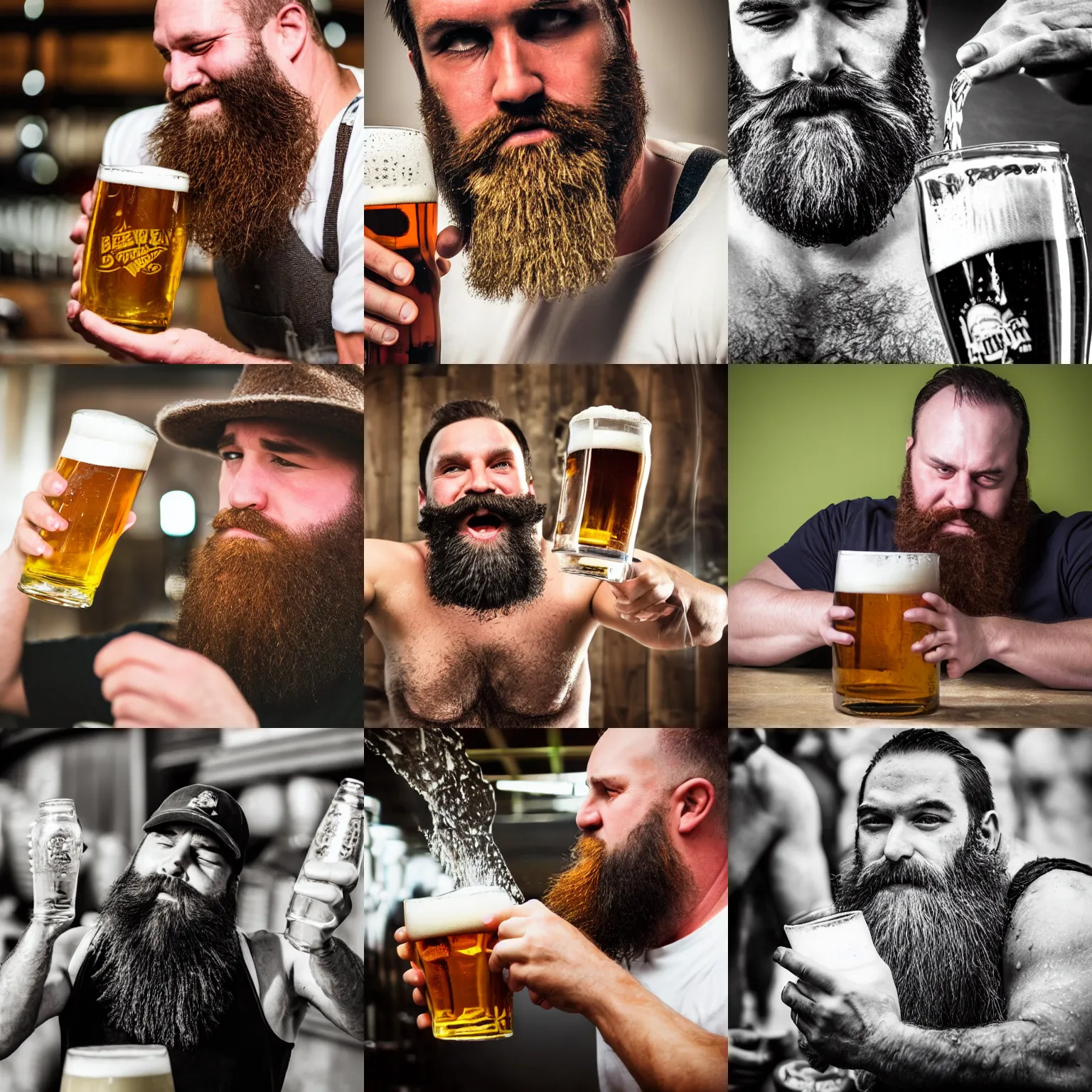 Prompt: beer trickling down a strongman's thick beard, photography