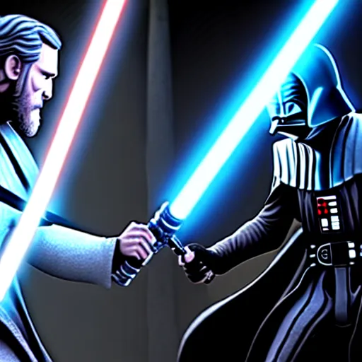 Image similar to ultra detailed picture of a fight between darth vador and obi wan kenobi where they each have only one lightsaber in their hand, unreal engine, extremely detailed, epic, dark, highly realistic, beautiful, ultra hd, extremely realistic faces