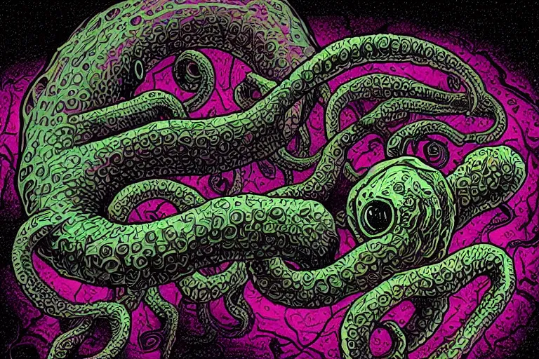 Prompt: a giant lovecraftian skulled tentacle creature gripping a black hole by dan mumford, digital art, photorealistic, vivid colors, highly detailed, intricate