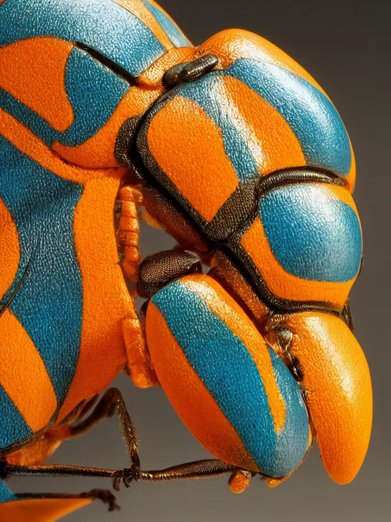 Prompt: close - up shot of a beautiful colorful beetle. insect eyes. complementary color scheme. subsurface scattering, translucency, backlit, diffused, smooth. studio photography high quality highly detailed award winning photograph by national geographic, by slim aarons, by kechun zhang. sculpture by antonio canova, renaissance painting