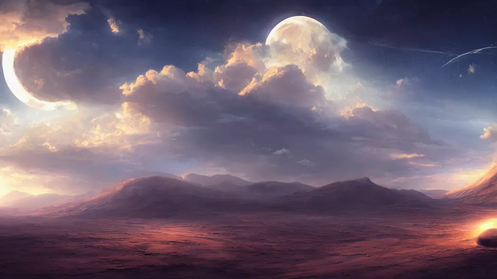 Image similar to The moon crashes into the earth, the desert, the sun's rays through the dust, a shock wave, birds and clouds in the sky, art by Jessica Rossier,