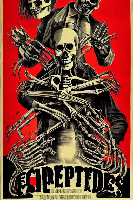 Image similar to vintage movie poster for horror movie, centipedes, skeletons, computers, cyberpunk