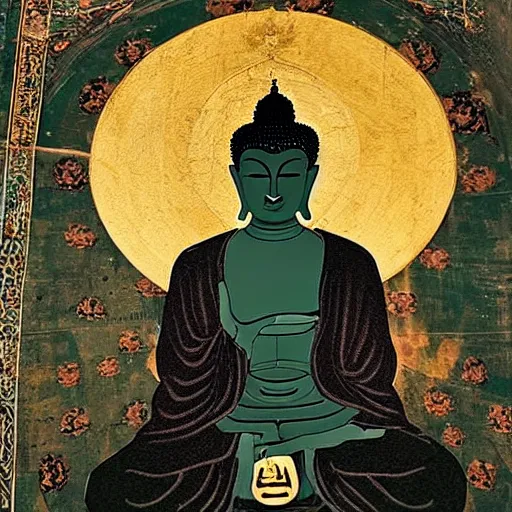 Prompt: dark green buddha being prayed in hagia sophia, dystopian universe