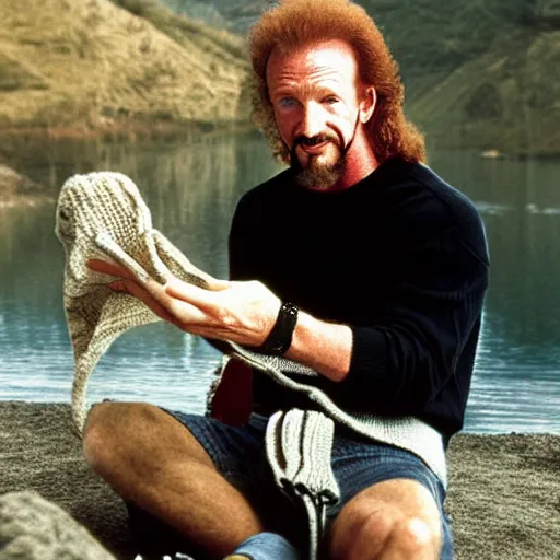 Image similar to Diamond Dallas Page knitting, candid photograph by Annie Leibovitz