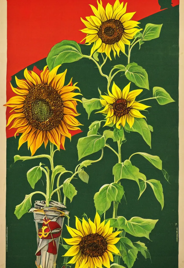 Image similar to A communist Propaganda Poster of a sunflower growing out of a dead soldier.