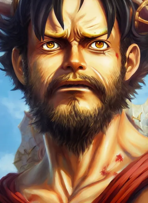 Image similar to luffy as fantasy style portrait painting of brown wavy hair beard rpg dnd oil painting unreal _ 5 _ daz. _ rpg _ portrait _ extremely _ detailed _ artgerm _ greg _ rutkowski _ greg