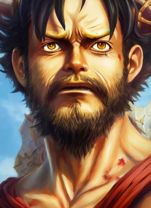 Prompt: luffy as fantasy style portrait painting of brown wavy hair beard rpg dnd oil painting unreal _ 5 _ daz. _ rpg _ portrait _ extremely _ detailed _ artgerm _ greg _ rutkowski _ greg