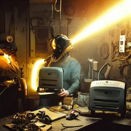 Image similar to cyborg with toaster oven chest, dark messy smoke - filled cluttered workshop, dark, dramatic lighting, orange tint, sparks, cinematic, highly detailed, sci - fi, futuristic, movie still