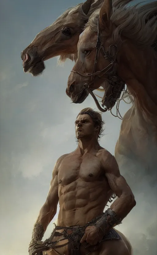 Image similar to Portrait of a centaur, male, detailed face, fantasy, highly detailed, cinematic lighting, digital art painting by greg rutkowski