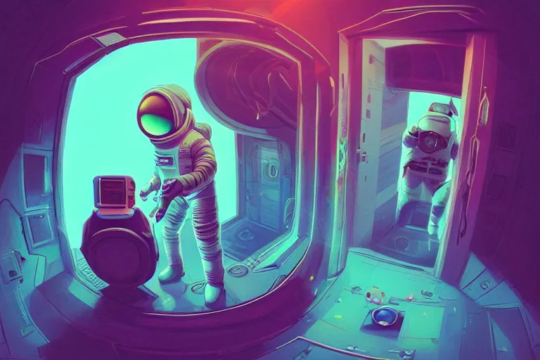 Prompt: an astronaut opening a door that leads to another planet, door is a portal to another planet, flooko style, vaporwave, synthwave, ambient lighting, cinematic lighting, retro, psychedelic, digital art, acrylic, detailed,