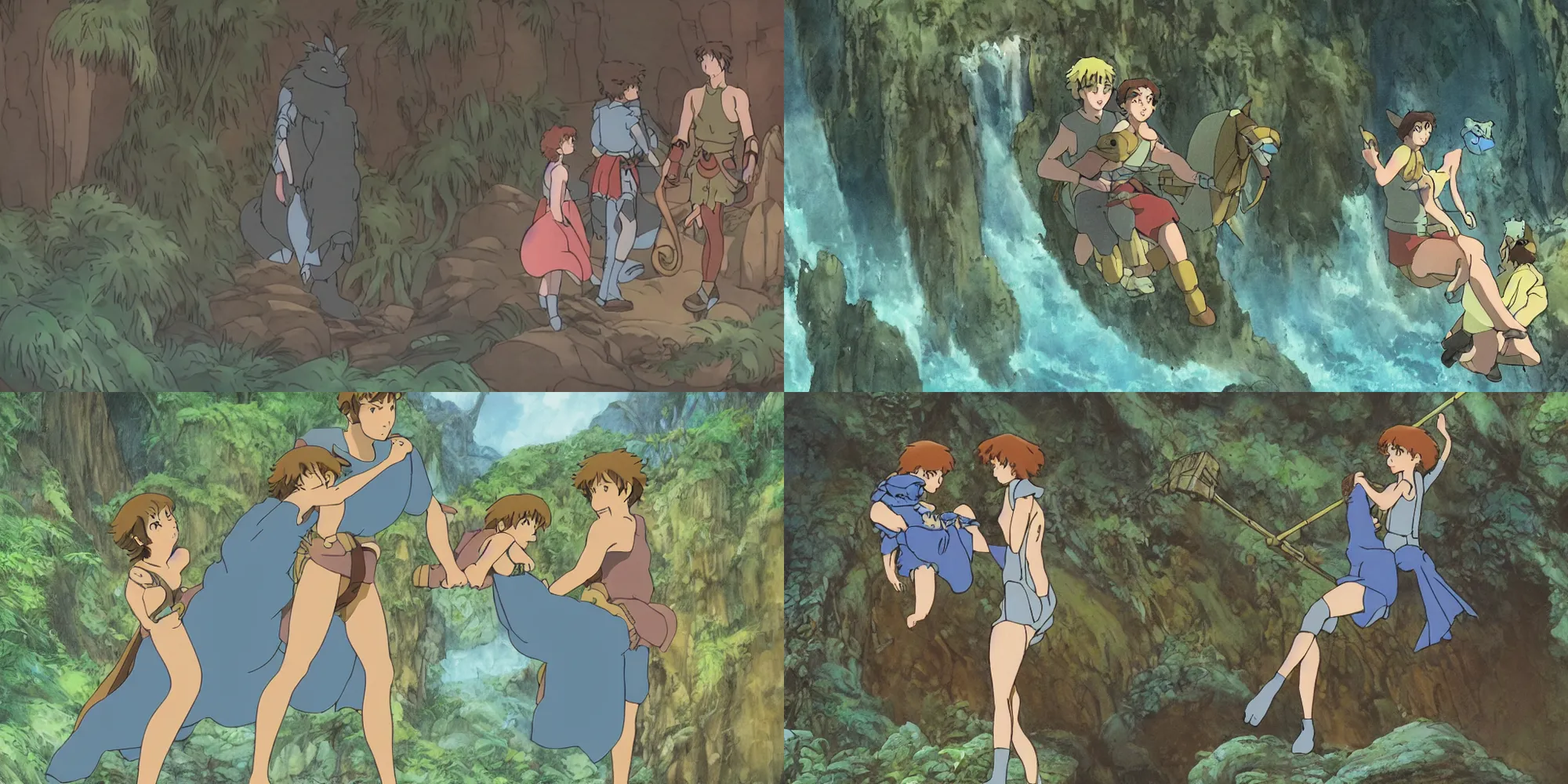 Prompt: scenes from ghibli Nausicaä , god warrior carry princess Nausicaä to a secret waterfall