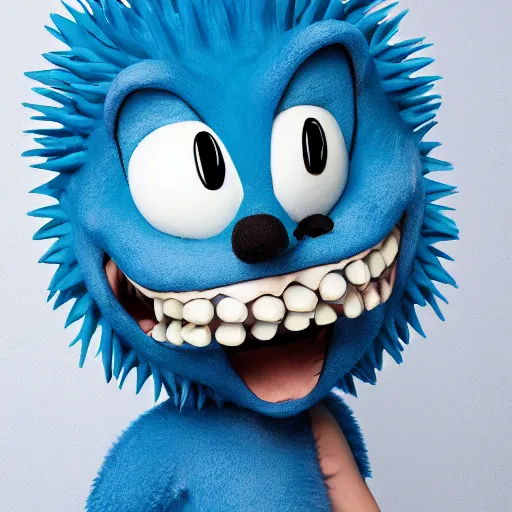 Image similar to anthropomorphic blue hedgehog with human teeth, studio portraitng