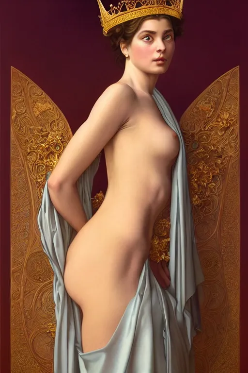 Image similar to body portrait of beautiful roman young pincess wearing a flowing silk robe, wearing a crown of laurel, full body portrait of a young beautiful woman swimming low angle by terry o'neill intricate, elegant, highly detailed, digital painting, artstation, concept art, smooth, sharp focus, illustration, art by artgerm and greg rutkowski and alphonse mucha, 8 k