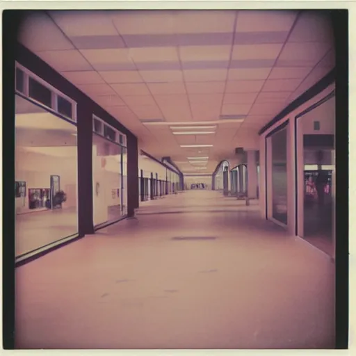 Image similar to polaroid photo of a empty mall in 80's, soft vinatge glow, nostalgic blurr
