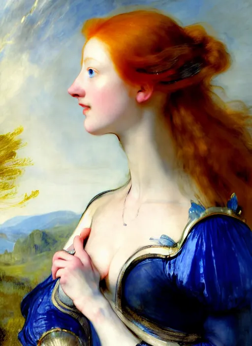 Prompt: closeup face profile portrait of a young redhead pale woman in dark and blue princess dragon armor, next to a neoclassical palace, in a scenic environment. by henriette ronner - knip, by william henry hunt, by rembrandt, by joseph mallord william turner, by konstantin razumov, concept art,