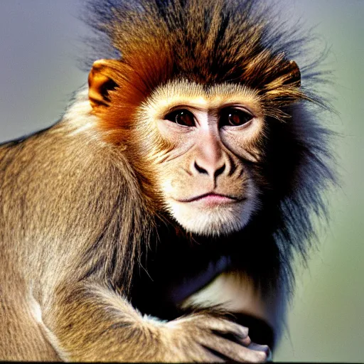 Image similar to An Award winning photo of a Half Monkey Half Lion hybrid, 4K, , cinestill 800, Noctilux 50mm