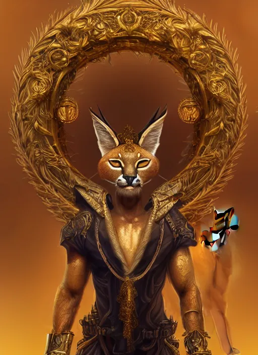 Prompt: cute caracal as apollo ancient god, golden wreath, details, fantasy, cyberpunk city, intricate, decadent, highly detailed, octane render, digital painting, artstation, concept art, sharp focus, illustration, art by artgerm, loish, wlop