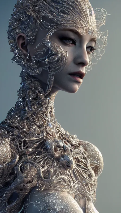 Image similar to full body detailed, ethereal, biomechanical, covered in diamonds and other gems glowing, highly detailed face, elegant posed, intricate, extremy detailed, beeple, cgsociety, 3 d unreal engine octane render. cinematic lighting, highly detailed 4 k art