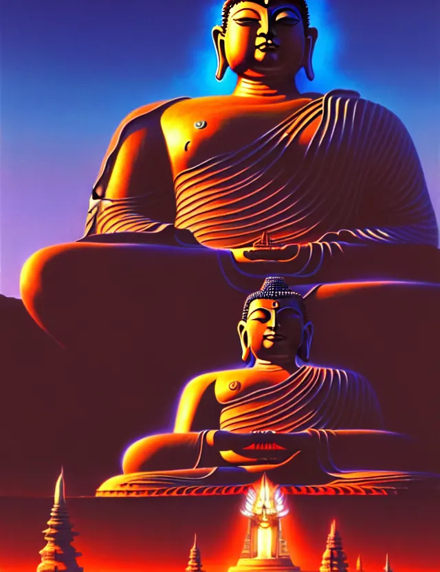 Prompt: a giant buddha gundam, tim hildebrandt, wayne barlowe, bruce pennington, donato giancola, trending on artstation, cinematic composition, beautiful lighting, hyper detailed, 8 k, oil on canvas