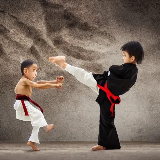 Image similar to a pigeon vs a kid kung fu style in a dojo for a piece of bread, facing each other, stand off, muscled pigeon like the rock, best photo award, high quality 8 k, cinematic lighting, cinematic composition, high detail, landscape photo