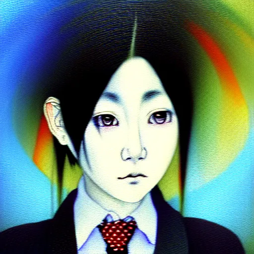 Image similar to yoshitaka amano blurred and dreamy realistic three quarter angle portrait of a young woman with short hair and black eyes wearing office suit with tie, junji ito abstract patterns in the background, satoshi kon anime, noisy film grain effect, highly detailed, renaissance oil painting, weird portrait angle, blurred lost edges