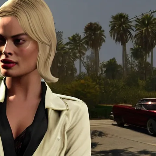 Image similar to margot robbie as a character in gta v, amazing detail