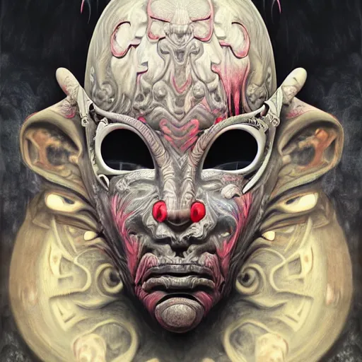 Image similar to a portrait of demon venetian mask, tribal features, in the style of zdzisław beksinski and junji ito, trending on artstation deviantart pinterest furaffinity detailed realistic hd 8 k high resolution