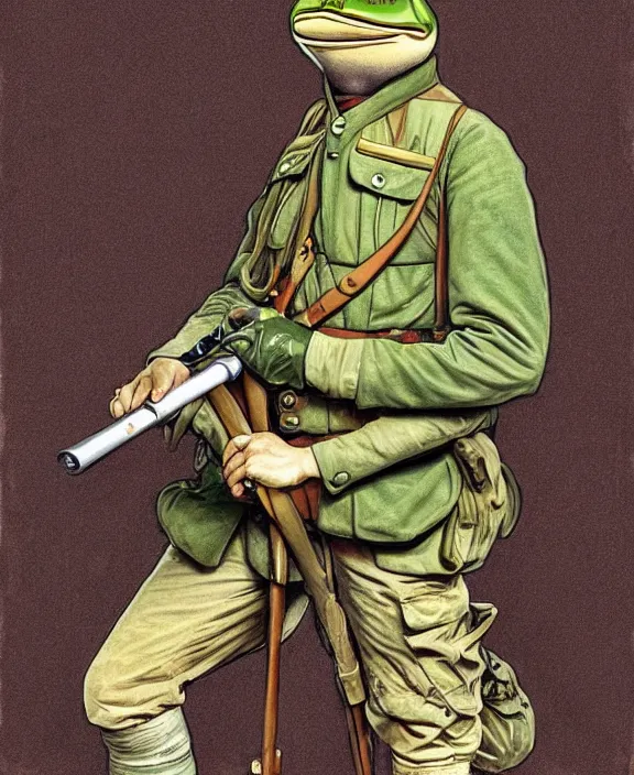 Prompt: Pepe the Frog in WW1 military uniform, Safari khaki, pith helmet, Schutztruppe, German Empire, WW1, Tooth Wu Artgerm Greg Rutkowski Alphonse Mucha Beeple