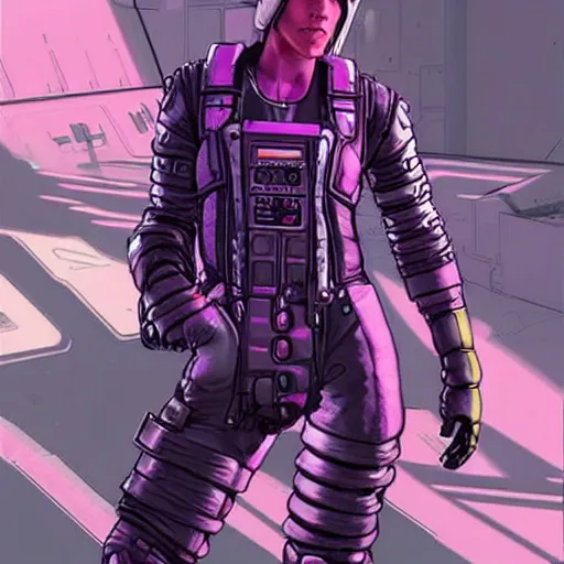 Image similar to cyberpunk mechanic lady in a jumpsuit with robotic feet. pink and black color scheme. concept art by james gurney and mœbius. apex legends character art. gorgeous face.