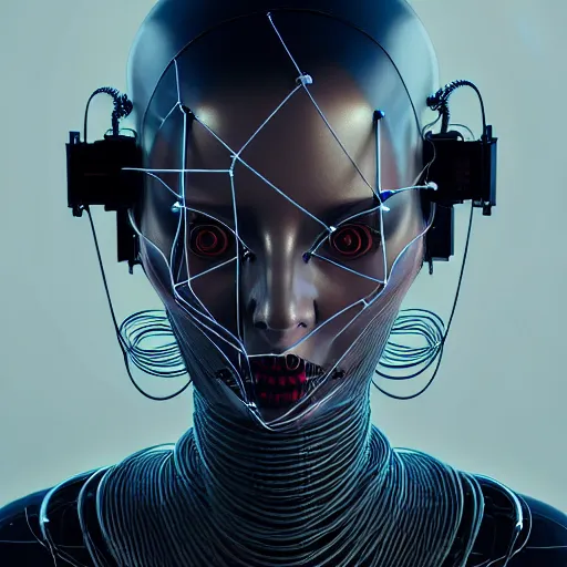 Image similar to portrait of an absurdly beautiful, graceful, sophisticated, fashionable cyberpunk mechanoid, wires, machines, skulls, digital displays, hyperdetailed illustration by irakli nadar and alexandre ferra, intricate linework, white porcelain skin, vr headset, unreal engine 5 highly rendered, global illumination, radiant light, detailed and intricate environment