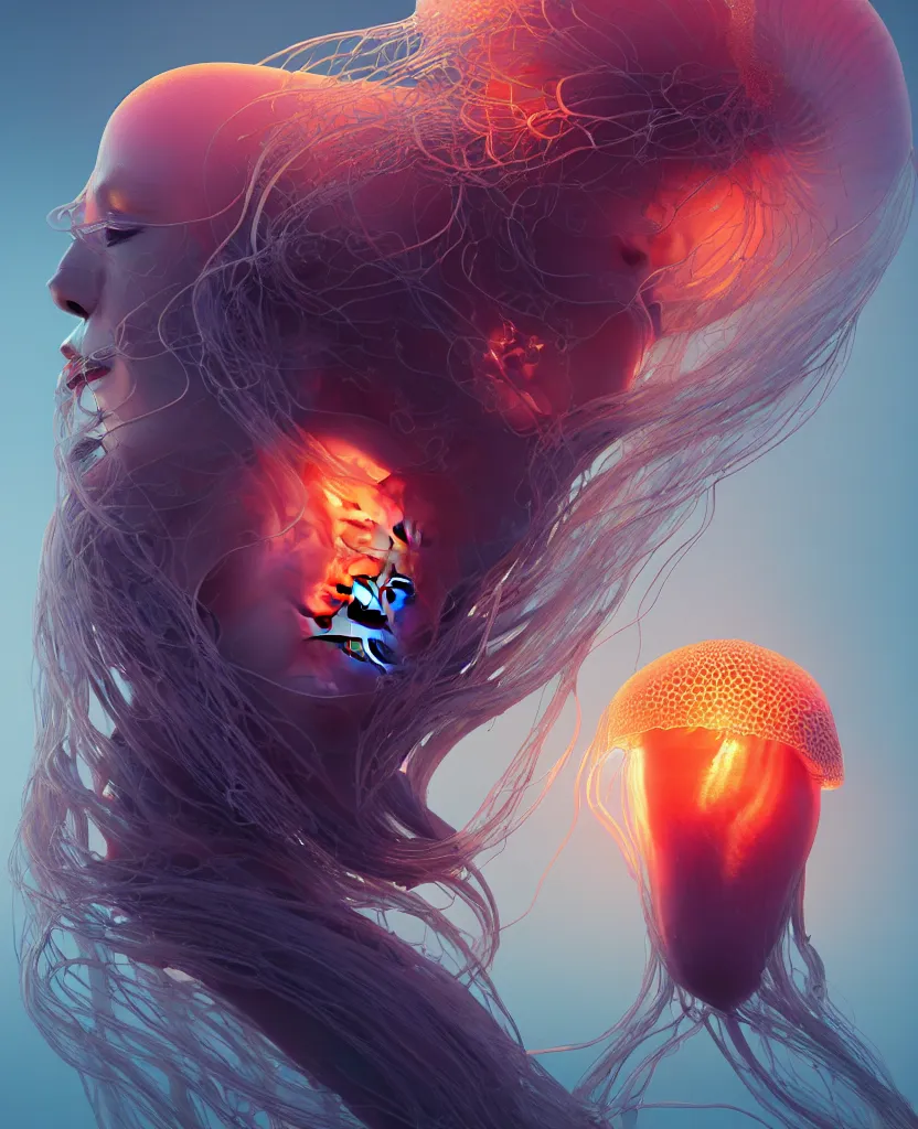 Image similar to goddess portrait. jellyfish phoenix head. intricate artwork by Tooth Wu and wlop and beeple. octane render, trending on artstation, greg rutkowski very coherent symmetrical artwork. cinematic, hyper realism, high detail, octane render, 8k