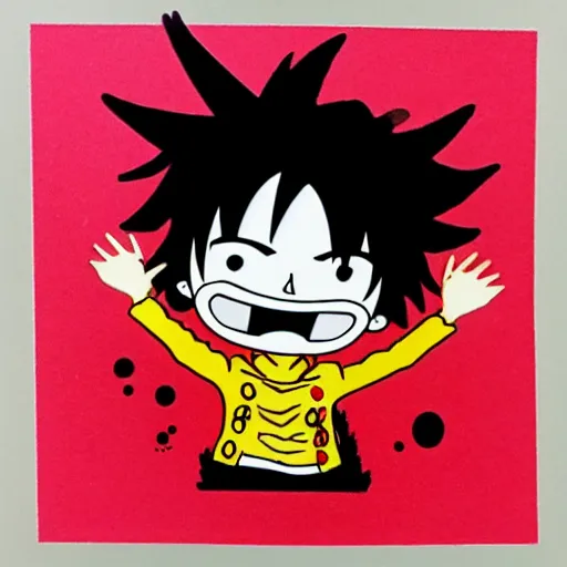 Image similar to die cut sticker, luffy is joyboy, splatter paint on paper