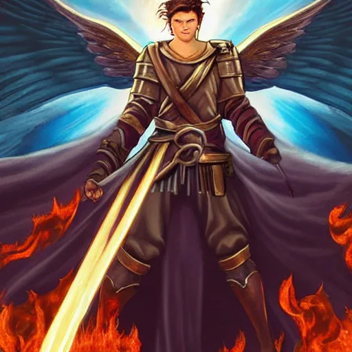 Prompt: biblically accurate angel, epic propaganda poster, holding a flaming sword, strength, health, confidence, in the style of magic the gathering cart art, hypermasculine, ancient soldier, flying in the sky