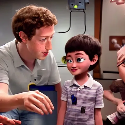 Image similar to mark zuckerberg and his parents arguing over who gets to be own the robot in wall - e. cinematic